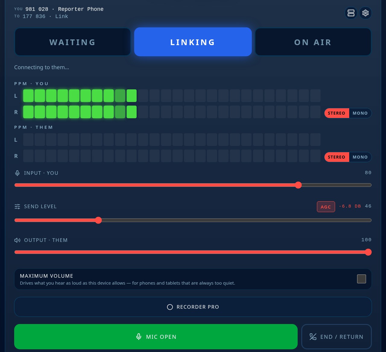 The real Pro-Link app running on a phone, showing LINKING status, live PPM meters, microphone level, studio return level and the mic open control