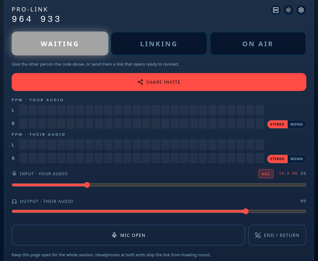 The studio end of a Pro-Link on a tablet: the six digit code to give out, a share invite button and full width WAITING, LINKING and ON AIR lamps